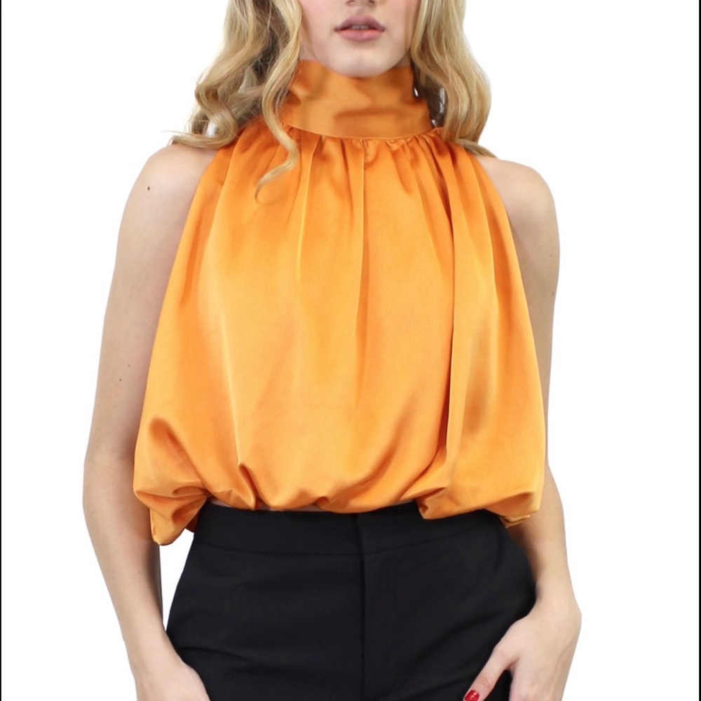 New Marc Defang Orange Sleeveless Satin Crepe Turtleneck Blouse / Shirt /Top - S